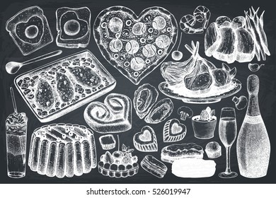 Valentine's Day Food and Drinks Collection. Hand drawn menu elements set for your holiday design. Vintage illustration. Vector outlines on chalkboard
