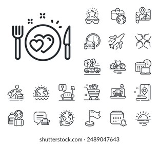 Valentines day food sign. Plane jet, travel map and baggage claim outline icons. Romantic dinner line icon. Couple relationships symbol. Romantic dinner line sign. Vector