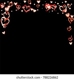 Valentines day frame or border with random hand drawn falling red hearts isolated on black.