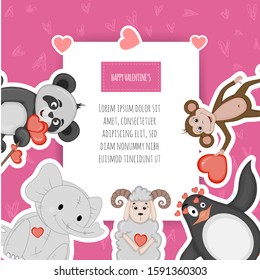 Valentine's Day frame with cute animals. Cartoon style. Vector illustration