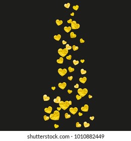 Valentines day frame with gold glitter hearts. February 14th day. Vector confetti for valentines day frame template. Grunge hand drawn texture. Love theme for poster, gift certificate, banner.