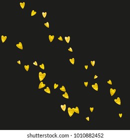 Valentines day frame with gold glitter hearts. February 14th day. Vector confetti for valentines day frame template. Grunge hand drawn texture. Love theme for party invite, retail offer and ad.