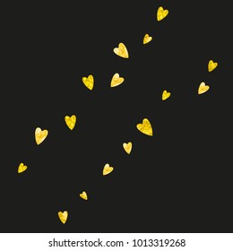 Valentines day frame with gold glitter hearts. February 14th day. Vector confetti for valentines day frame template. Grunge hand drawn texture. Love theme for poster, gift certificate, banner.