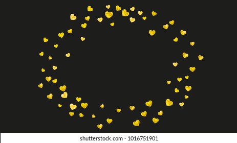 Valentines day frame with gold glitter sparkles. February 14th day. Vector confetti for valentines day frame template. Grunge hand drawn texture. Love theme for gift coupons, vouchers, ads, events.