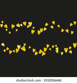 Valentines day frame with gold glitter hearts. February 14th day. Vector confetti for valentines day frame template. Grunge hand drawn texture. Love theme for party invite, retail offer and ad.