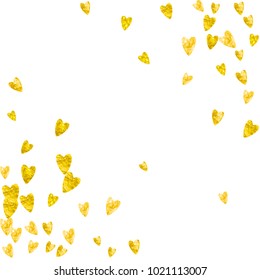 Valentines day frame with gold glitter hearts. February 14th day. Vector confetti for valentines day frame template. Grunge hand drawn texture. Love theme for special business offer, banner, flyer.