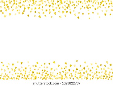 Valentines day frame with gold glitter sparkles. February 14th day. Vector confetti for valentines day frame template. Grunge hand drawn texture. Love theme for gift coupons, vouchers, ads, events.