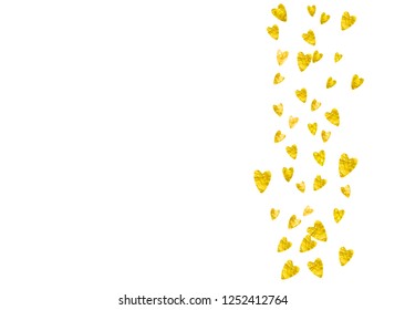 Valentines day frame with gold glitter sparkles. February 14th day. Vector confetti for valentines day frame template. Grunge hand drawn texture. Love theme for flyer, special business offer, promo.