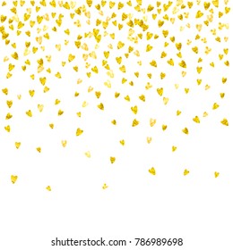 Valentines day frame with gold glitter hearts. February 14th day. Vector confetti for valentines day frame template. Grunge hand drawn texture. Love theme for special business offer, banner, flyer.