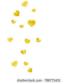 Valentines day frame with gold glitter hearts. February 14th day. Vector confetti for valentines day frame template. Grunge hand drawn texture. Love theme for gift coupons, vouchers, ads, events.