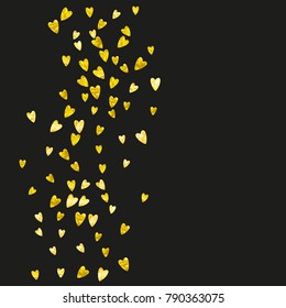 Valentines day frame with gold glitter hearts. February 14th day. Vector confetti for valentines day frame template. Grunge hand drawn texture. Love theme for gift coupons, vouchers, ads, events.