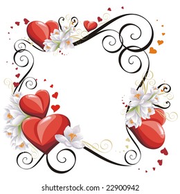Valentines Day frame with Hearts and flowers, vector illustration