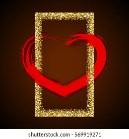 Valentines Day frame with ink brush painted heart and golden glitter