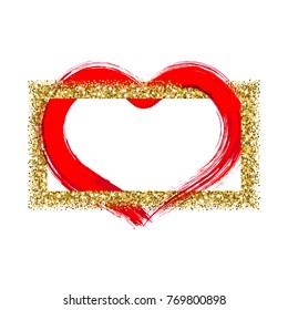 Valentines Day frame with ink brush painted heart and golden glitter