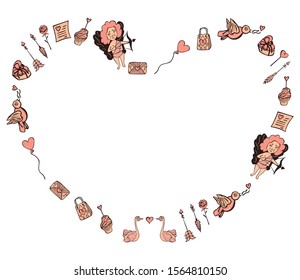 Valentine's day frame made from hand-drawn doodles in the shape of a heart. Isolated template for banner, flyers, invitations, greeting cards on a white background. Vector.