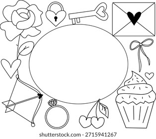 Marco de San Valentín rectángulo ovalado línea gráfica de Vector ilustración en blanco y negro. Perfecto para las vacaciones de primavera. Con amor. Marco dibujado a mano, tarjeta de felicitación. Ilustración vectorial
