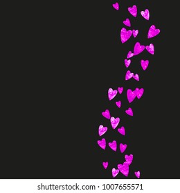 Valentines day frame with pink glitter hearts. February 14th day. Vector confetti for valentines day frame template. Grunge hand drawn texture. Love theme for flyer, special business offer, promo.
