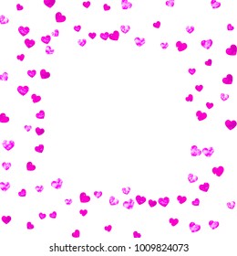 Valentines day frame with pink glitter hearts. February 14th day. Vector confetti for valentines day frame template. Grunge hand drawn texture. Love theme for gift coupons, vouchers, ads, events.