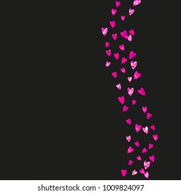 Valentines day frame with pink glitter hearts. February 14th day. Vector confetti for valentines day frame template. Grunge hand drawn texture. Love theme for flyer, special business offer, promo.