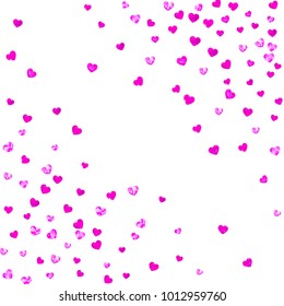 Valentines day frame with pink glitter hearts. February 14th day. Vector confetti for valentines day frame template. Grunge hand drawn texture. Love theme for poster, gift certificate, banner.