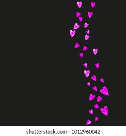 Valentines day frame with pink glitter hearts. February 14th day. Vector confetti for valentines day frame template. Grunge hand drawn texture. Love theme for flyer, special business offer, promo.