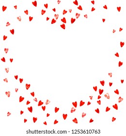 Valentines day frame with pink glitter hearts. February 14th day. Vector confetti for valentines day frame template. Grunge hand drawn texture. Love theme for poster, gift certificate, banner.