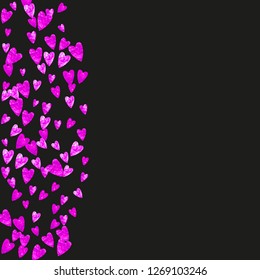 Valentines day frame with pink glitter hearts. February 14th day. Vector confetti for valentines day frame template. Grunge hand drawn texture. Love theme for poster, gift certificate, banner.