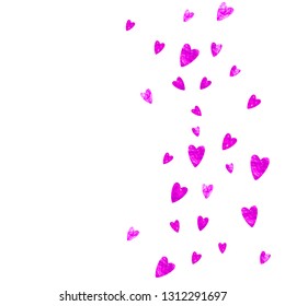 Valentines day frame with pink glitter hearts. February 14th day. Vector confetti for valentines day frame template. Grunge hand drawn texture. Love theme for party invite, retail offer and ad.