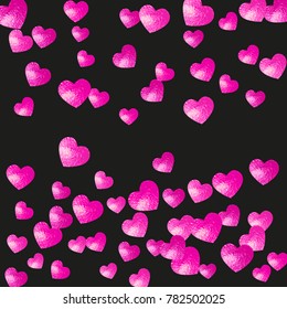 Valentines day frame with pink glitter hearts. February 14th day. Vector confetti for valentines day frame template. Grunge hand drawn texture. Love theme for flyer, special business offer, promo.