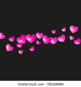 Valentines day frame with pink glitter hearts. February 14th day. Vector confetti for valentines day frame template. Grunge hand drawn texture. Love theme for gift coupons, vouchers, ads, events.