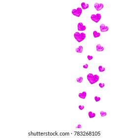 Valentines day frame with pink glitter hearts. February 14th day. Vector confetti for valentines day frame template. Grunge hand drawn texture. Love theme for party invite, retail offer and ad.