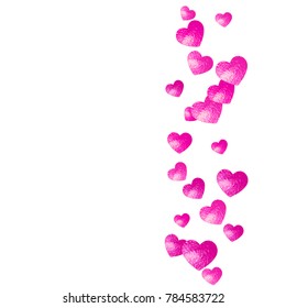 Valentines day frame with pink glitter hearts. February 14th day. Vector confetti for valentines day frame template. Grunge hand drawn texture. Love theme for voucher, special business ad, banner.
