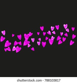 Valentines day frame with pink glitter hearts. February 14th day. Vector confetti for valentines day frame template. Grunge hand drawn texture. Love theme for poster, gift certificate, banner.