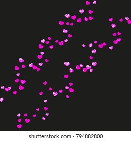 Valentines day frame with pink glitter hearts. February 14th day. Vector confetti for valentines day frame template. Grunge hand drawn texture. Love theme for flyer, special business offer, promo.