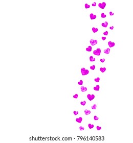 Valentines day frame with pink glitter hearts. February 14th day. Vector confetti for valentines day frame template. Grunge hand drawn texture. Love theme for party invite, retail offer and ad.