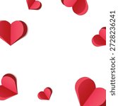 Valentines Day frame with Red 3D papercut hearts on white background, ideal for Valentines Day cards, love themed social media posts, wedding invitations, romantic banners, printable designs.Vector 