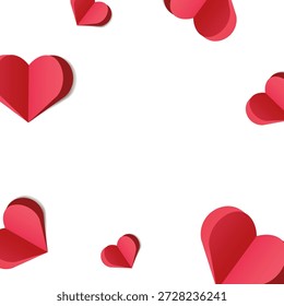 quadro do Dia dos Namorados com corações de papel 3D vermelho no fundo branco, ideal para cartões do Dia dos Namorados, posts de mídia social com temas de amor, convites de casamento, banners românticos, designs imprimíveis.Vetor 