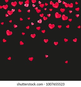 Valentines day frame with red glitter hearts. February 14th day. Vector confetti for valentines day frame template. Grunge hand drawn texture. Love theme for gift coupons, vouchers, ads, events.