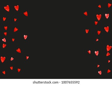 Valentines day frame with red glitter sparkles. February 14th day. Vector confetti for valentines day frame template. Grunge hand drawn texture. Love theme for flyer, special business offer, promo.