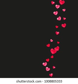 Valentines day frame with red glitter hearts. February 14th day. Vector confetti for valentines day frame template. Grunge hand drawn texture. Love theme for special business offer, banner, flyer.