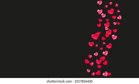 Valentines day frame with red glitter sparkles. February 14th day. Vector confetti for valentines day frame template. Grunge hand drawn texture. Love theme for gift coupons, vouchers, ads, events.