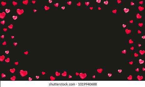 Valentines day frame with red glitter sparkles. February 14th day. Vector confetti for valentines day frame template. Grunge hand drawn texture. Love theme for gift coupons, vouchers, ads, events.