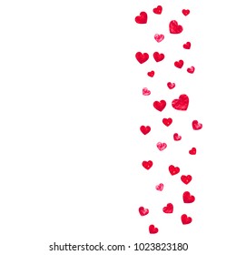 Valentines day frame with red glitter sparkles. February 14th day. Vector confetti for valentines day frame template. Grunge hand drawn texture. Love theme for gift coupons, vouchers, ads, events.