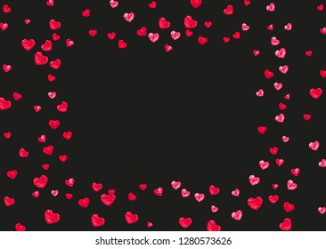 Valentines day frame with red glitter sparkles. February 14th day. Vector confetti for valentines day frame template. Grunge hand drawn texture. Love theme for voucher, special business ad, banner.