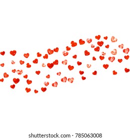 Valentines day frame with red glitter hearts. February 14th day. Vector confetti for valentines day frame template. Grunge hand drawn texture. Love theme for gift coupons, vouchers, ads, events.