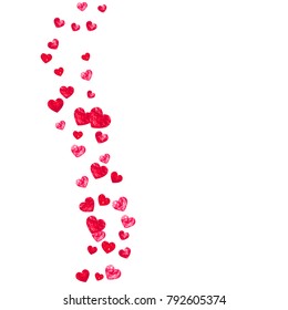 Valentines day frame with red glitter hearts. February 14th day. Vector confetti for valentines day frame template. Grunge hand drawn texture. Love theme for voucher, special business ad, banner.