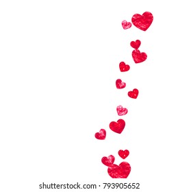 Valentines day frame with red glitter hearts. February 14th day. Vector confetti for valentines day frame template. Grunge hand drawn texture. Love theme for special business offer, banner, flyer.