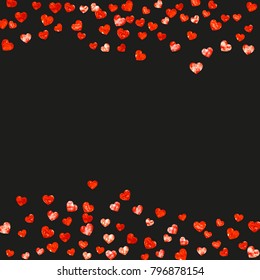 Valentines day frame with red glitter hearts. February 14th day. Vector confetti for valentines day frame template. Grunge hand drawn texture. Love theme for voucher, special business ad, banner.