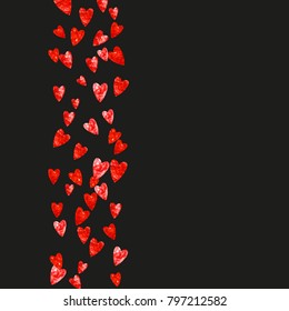 Valentines day frame with red glitter hearts. February 14th day. Vector confetti for valentines day frame template. Grunge hand drawn texture. Love theme for party invite, retail offer and ad.