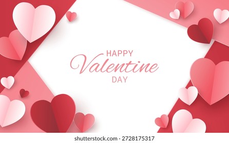 Quadro do dia dos namorados com fundo de papel vermelho e rosa corações de papel. romântico e amor copyspace pano de fundo. ilustração vetorial estilo de design de papel.